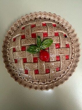 Vintage Ceramic Cherry Pie Dish w/Lattice Lid 11"x4.5", 8.5" Pies 1980's